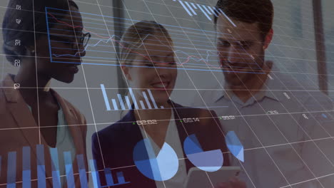 financial data processing animation over diverse business people discussing in office