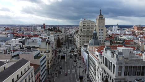 madrid, spain - november 27, 2021: aerial view of alcala street with people walking among office and hotel buildings in madrid, spain. cityscape with populous housing areas and overcast sky