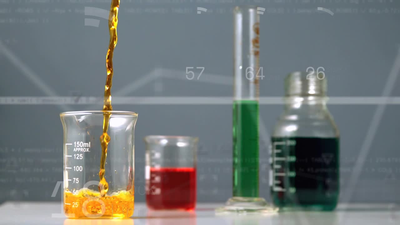 Golden droplet falling into 150ml beaker, stream forming, filling, HUD cycling years to show volume