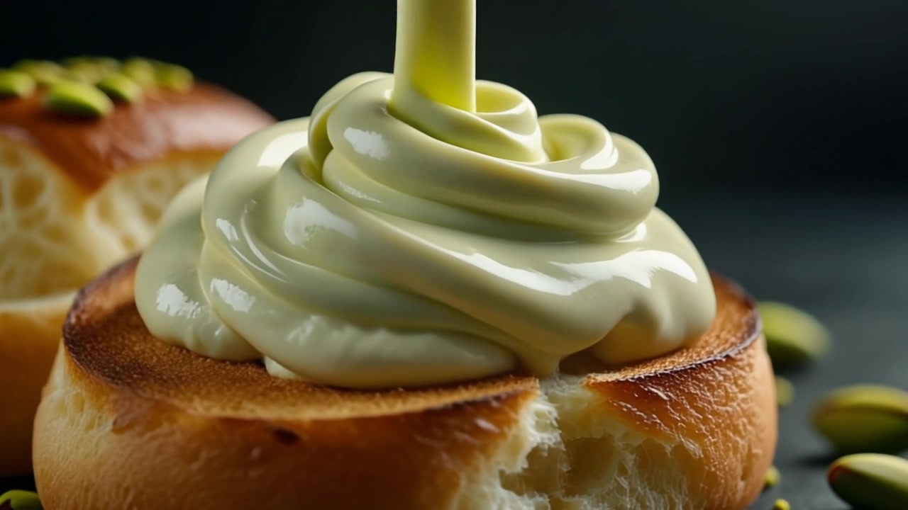 Pistachio Cream Being Piped onto a Fresh Brioche Bun