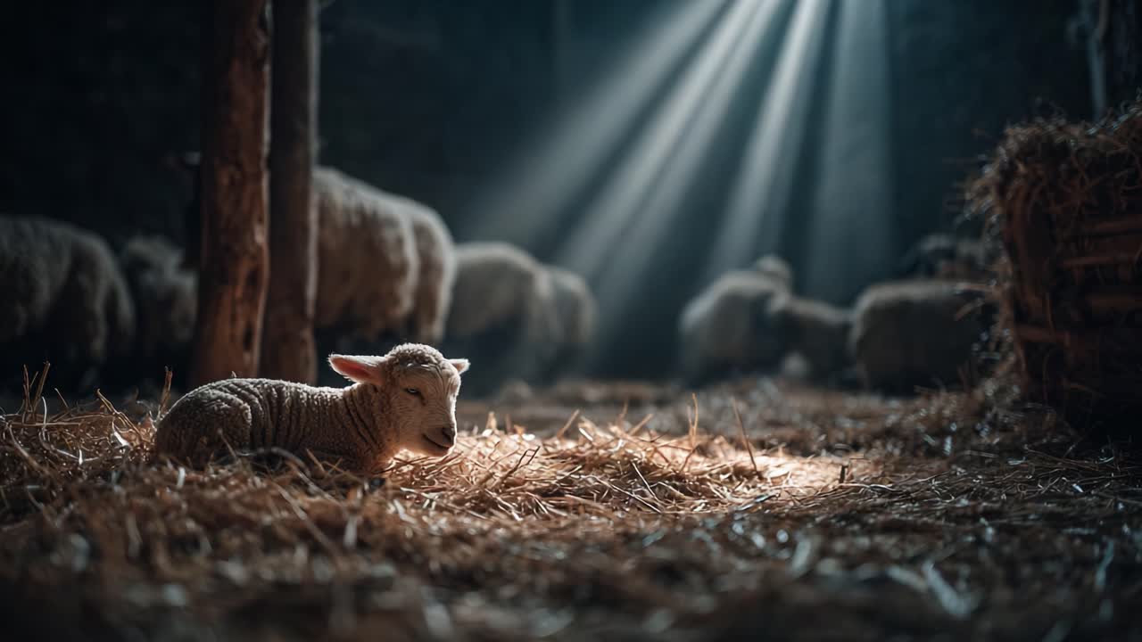 Serene Scene of a Young Lamb Resting in Soft Straw with Golden Rays of Light Streaming Through the Barn, Surrounded by Sheep in a Peaceful Setting