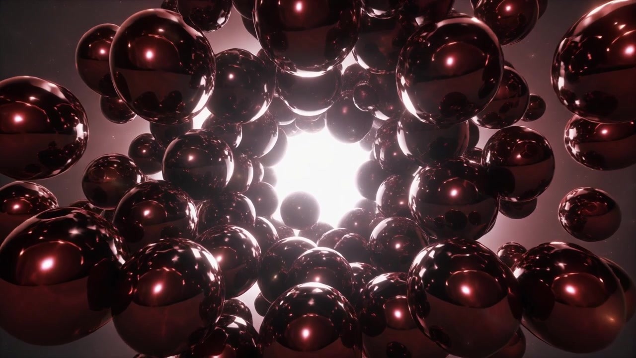 Abstrakt animation af svævende metalsfærer i mørkt rum