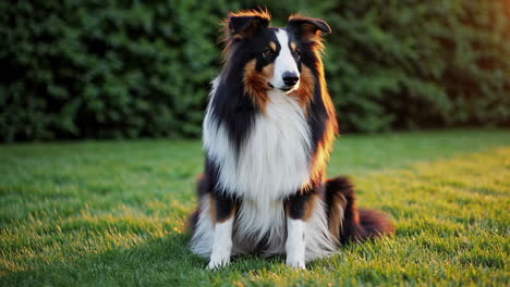 sheltie dog in a field at sunset