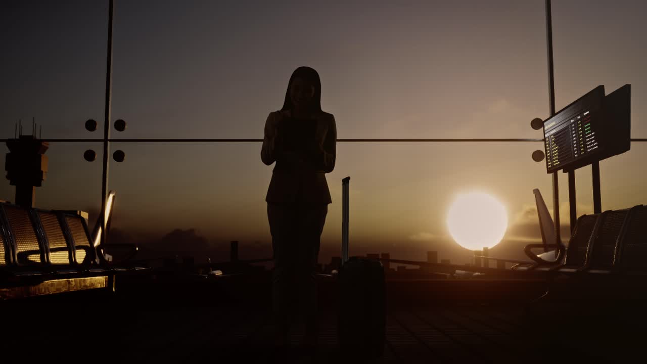 航空会社のハブのボーディングラウンジで転がるスーツケースを持ったアジアのビジネスウーマン飛行機の待機中にタブレットにメモを取っている空港ターミナルで飛行機が窓の外に離陸する