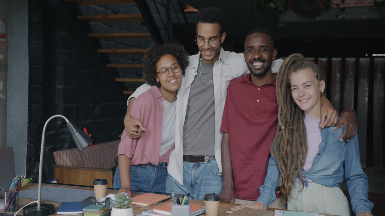 Happy Diverse Friends Posing in Cafe