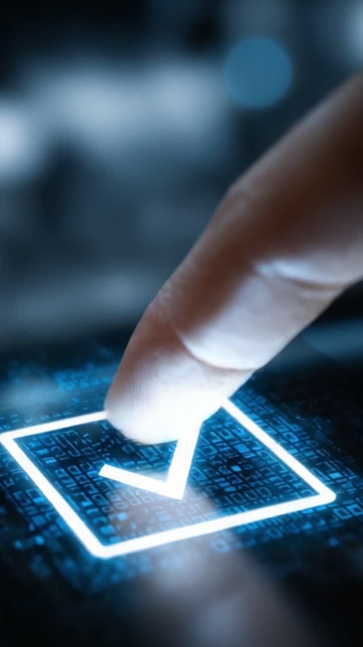 A Close-Up View of a Finger Touching a Digital Checkbox, Signifying Confirmation in a High-Tech Environment with Futuristic Visual Effects