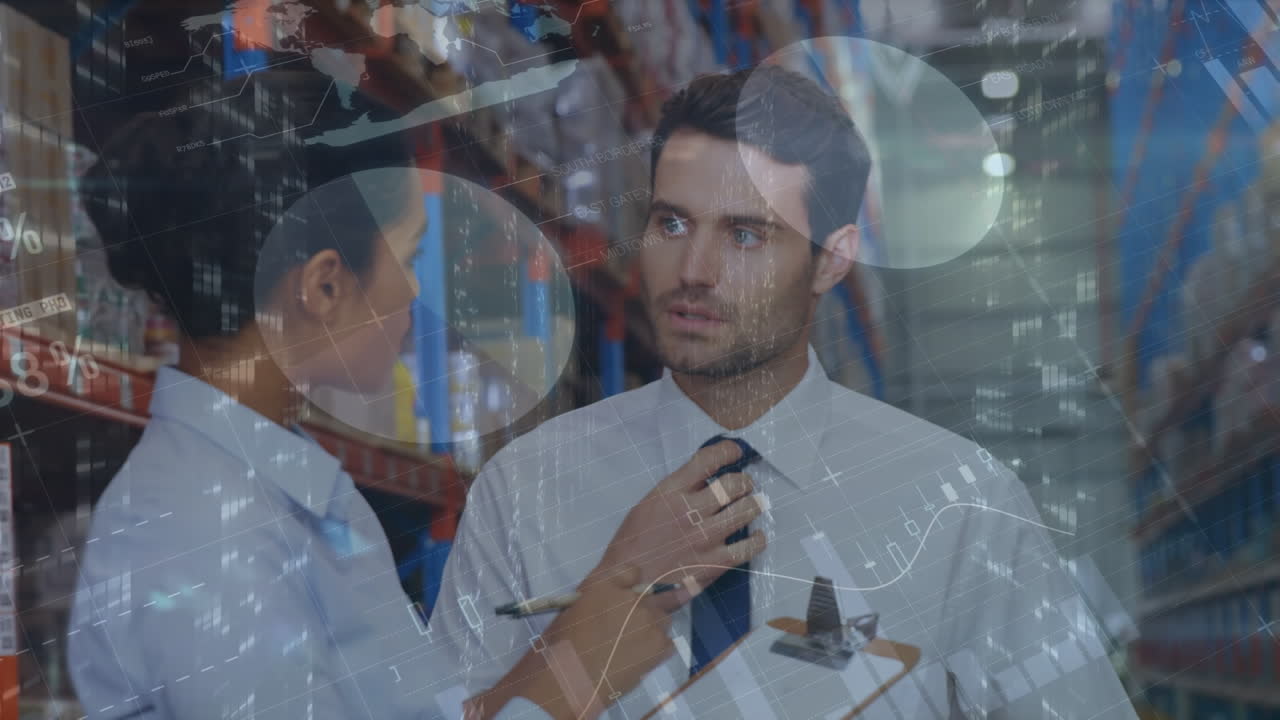 animación del procesamiento de datos estadísticos sobre diversos supervisores masculinos y femeninos discutiendo