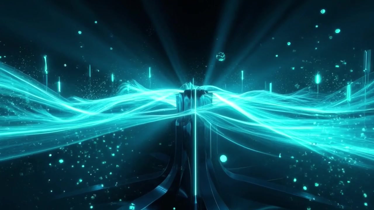 Sfondo digitale astratto con onde luminose ciano e particelle