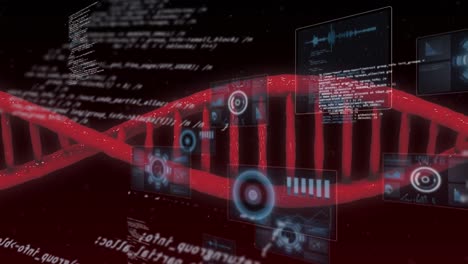 Animation-of-dna-strand-and-data-processing-over-black-background