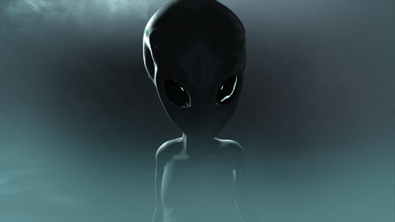 3D CGI mid to close-up shot of a classic, shiny-skinned Roswell grey alien looking eeire and menacing, in an ominous swirling cloud of mist, with grey and teal color tint