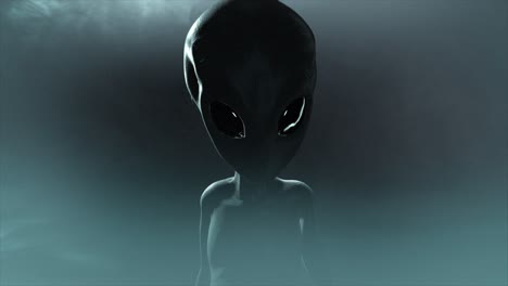 3d cgi mid to close-up shot of a classic, shiny-skinned roswell grey alien looking eeire and menacing, in an ominous swirling cloud of mist, with grey and teal color tint