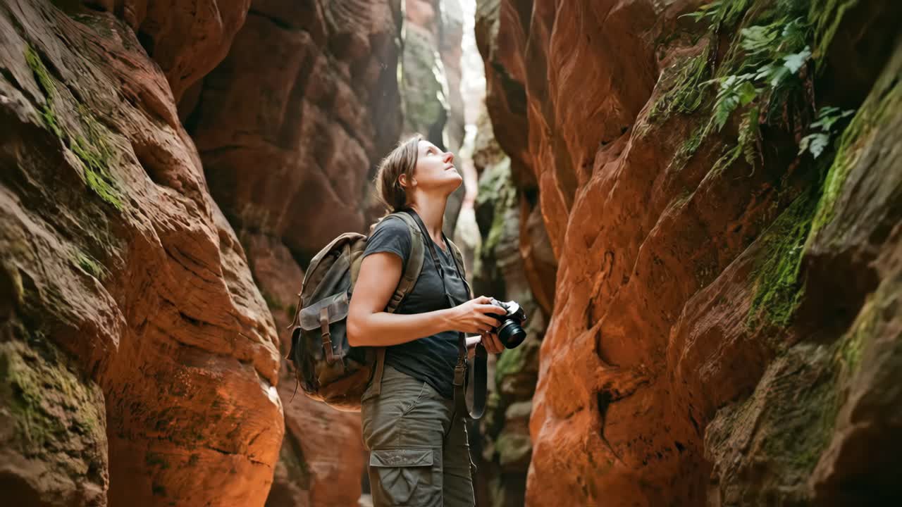 Una fotografa esplora uno stretto canyon e scatta foto