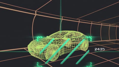 animación de escáner verde sobre modelo de coche 3d moviéndose con un patrón sin costuras en un túnel sobre fondo negro.