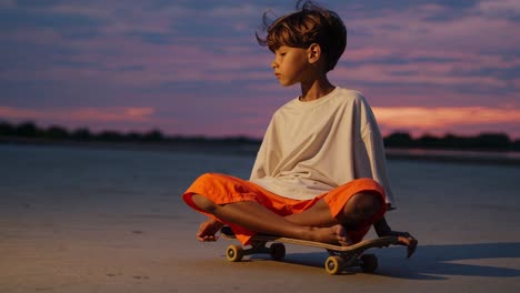 young boy sits cross legged on a skateboard at the beach, enjoying the serene sunset over the water, finding peace and tranquility in the moment