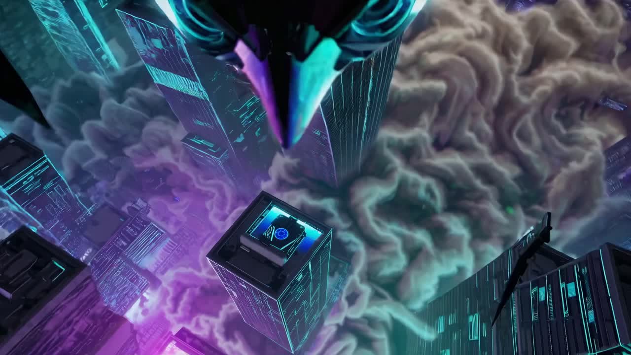 Cyberpunk Cityscape with Glowing Buildings and Digital Clouds