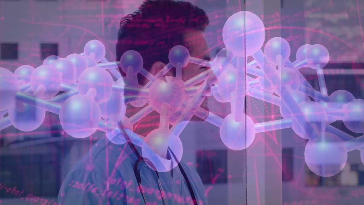 male doctor examining data with stethoscope in medical lab, blending molecular model and neon code