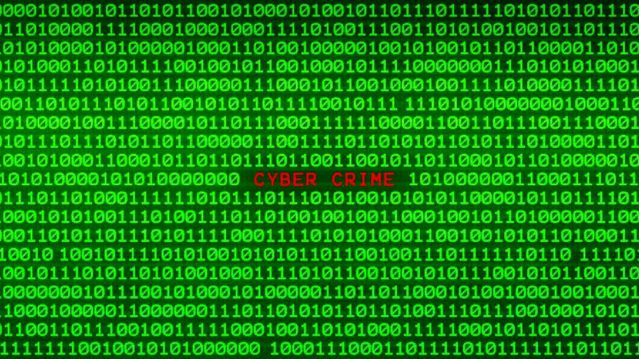 CYBER CRIME Word Revealing on Wall of Green Binary Code  Between Random Binary Data Matrix Background