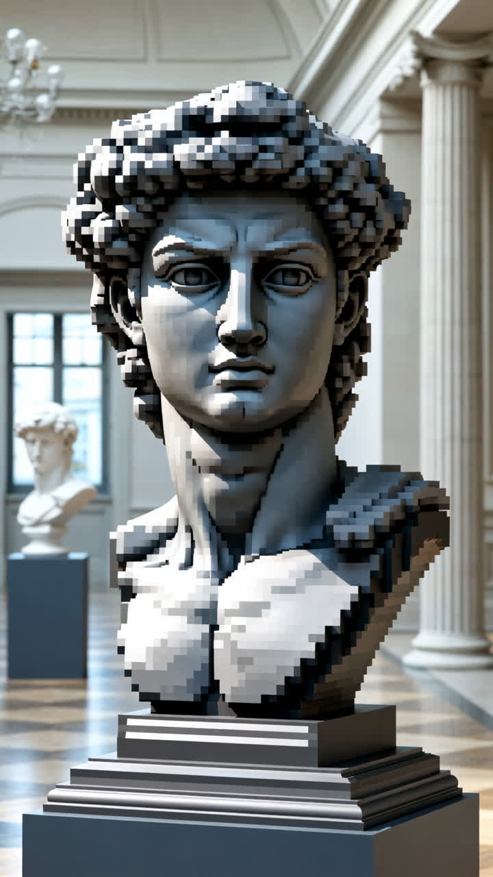 Pixelated Michelangelo's David Bust in a Museum