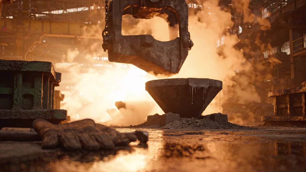 A Close-Up View of an Industrial Scene with Molten Metal Pouring and Dramatic Lighting, Showcasing Gloves and Machinery in an Engaging Atmosphere