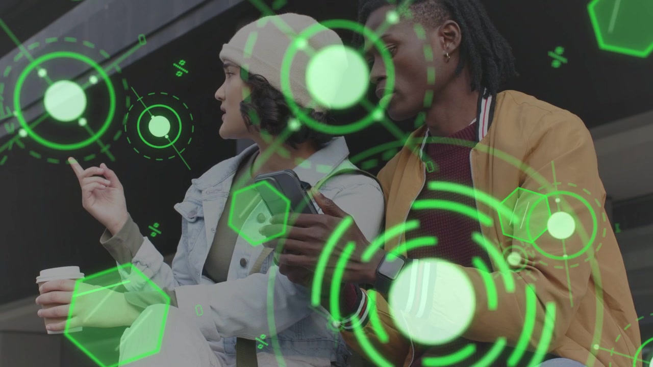 Man tapping smartphone while woman pointing outward on steps, tech HUD drifting, revealing AR data