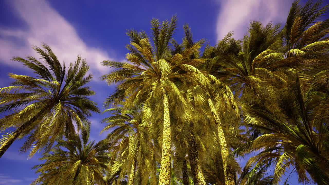 Vibrant palm trees sway under a clear blue sky with soft cloud formations