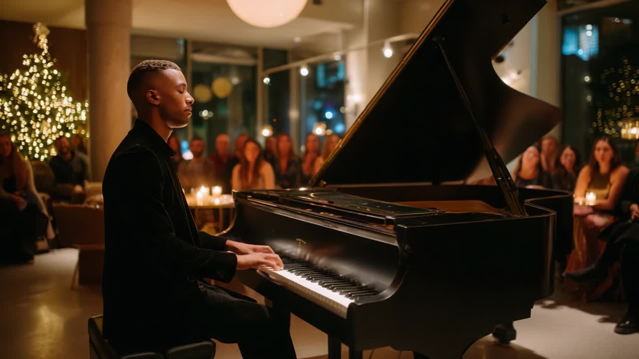 A Captivating Evening of Melody: A Pianist Enchants an Attentive Audience with Soulful Performance Amidst Ambient Lighting and Festive Decor, Creating an Unforgettable Live Music Experience