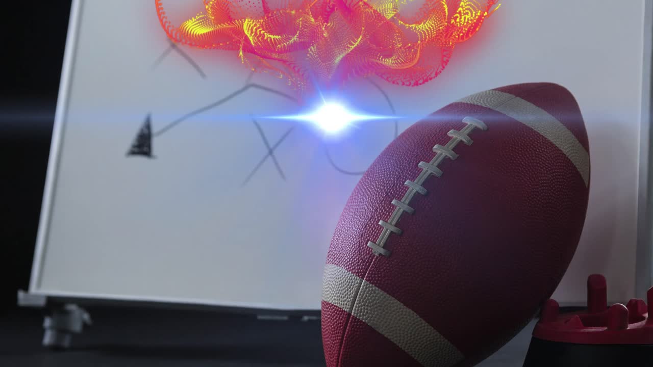 Animazione di effetto lens flare, motivo astratto su palla da rugby, borraccia e piano di gioco su lavagna bianca