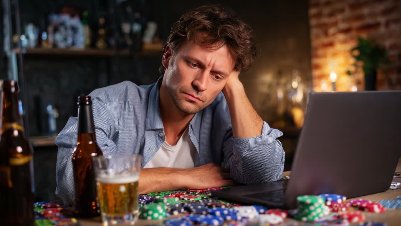 A pensive man sits at a cluttered table with colorful poker chips scattered around, staring intently at his laptop while beer and whiskey bottles are nearby, expressing deep contemplation and concern over his gambling activities