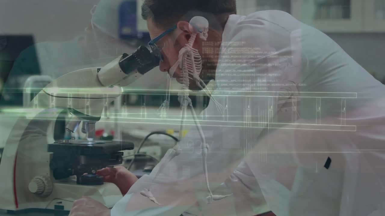 실험실에서 다양한 과학자들에 대한 dna  ⁇ 의 애니메이션과 데이터 처리