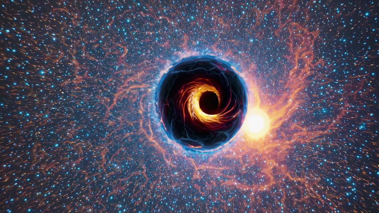 A cosmic video scene of a black hole, viewed from a central angle, showcasing swirling galaxies
