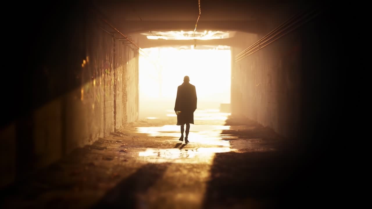 Silhouette di una persona che cammina in un tunnel soleggiato, ripresa dal basso, stile video cinematografico.