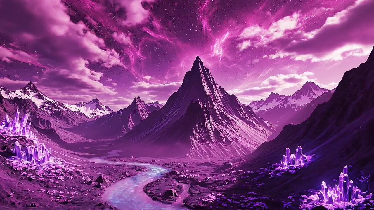 Paisagem surreal de montanhas roxas sob um céu de nebulosa cósmica