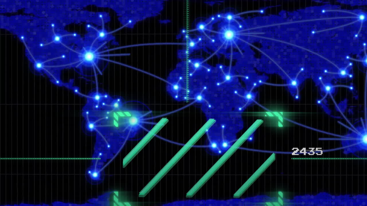 세계 지도를 통해 연결 네트워크와 데이터 처리의 애니메이션