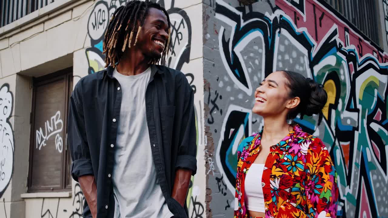 Une vidéo vibrante de style urbain montre deux personnes souriantes devant des murs graffés, filmée en contre-plongée