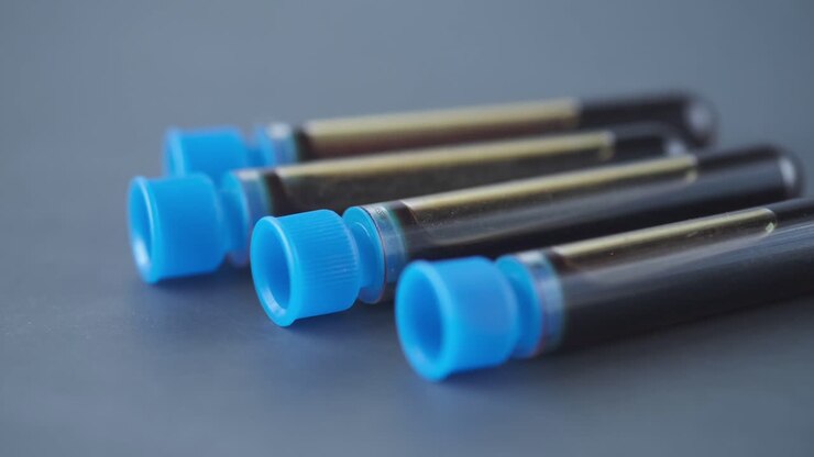 Close up of blood test tube on table