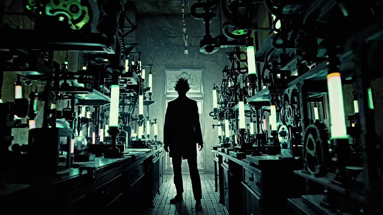 imagen en blanco y negro de un científico trabajando en engranajes en un entorno de laboratorio