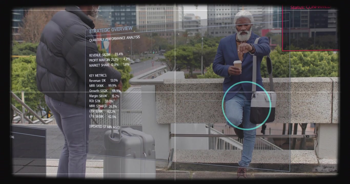 Leaning man checking watch, with cup, traveler nearing, HUD marking knee, updating business metrics