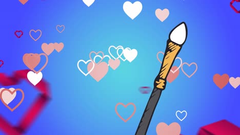 animación de pincel de maquillaje y corazones sobre fondo azul