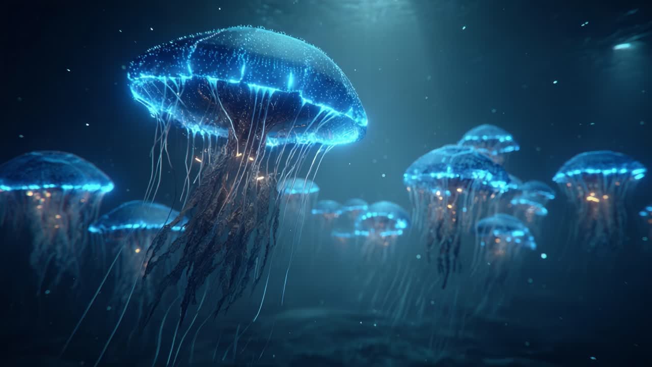 A mesmerizing underwater scene capturing bioluminescent jellyfish gracefully floating in a dark ocean, creating a stunning display of blue light and ethereal beauty