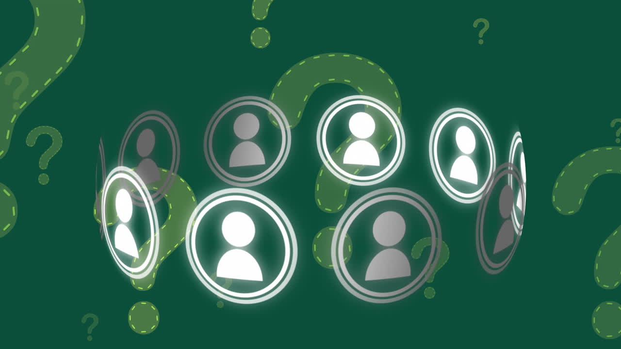 animación de iconos de medios sobre los signos de interrogación