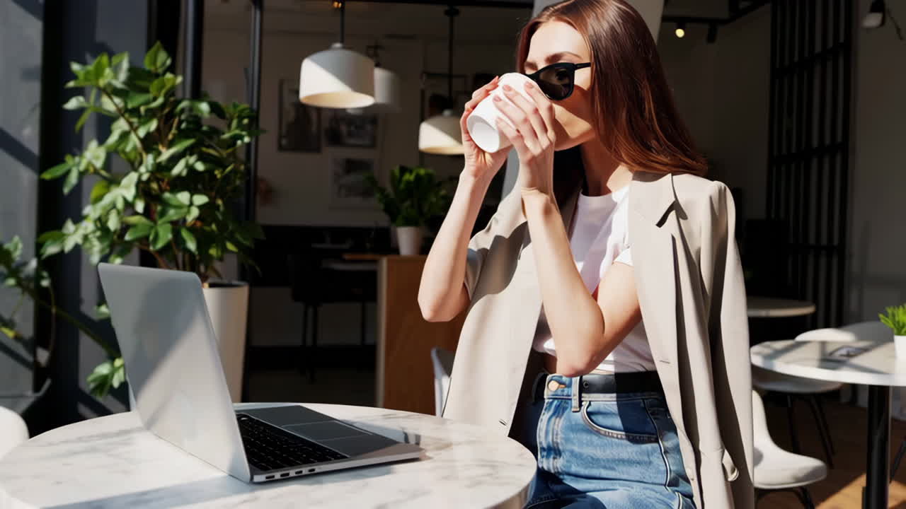 Woman working in a cafe with a laptop and coffee