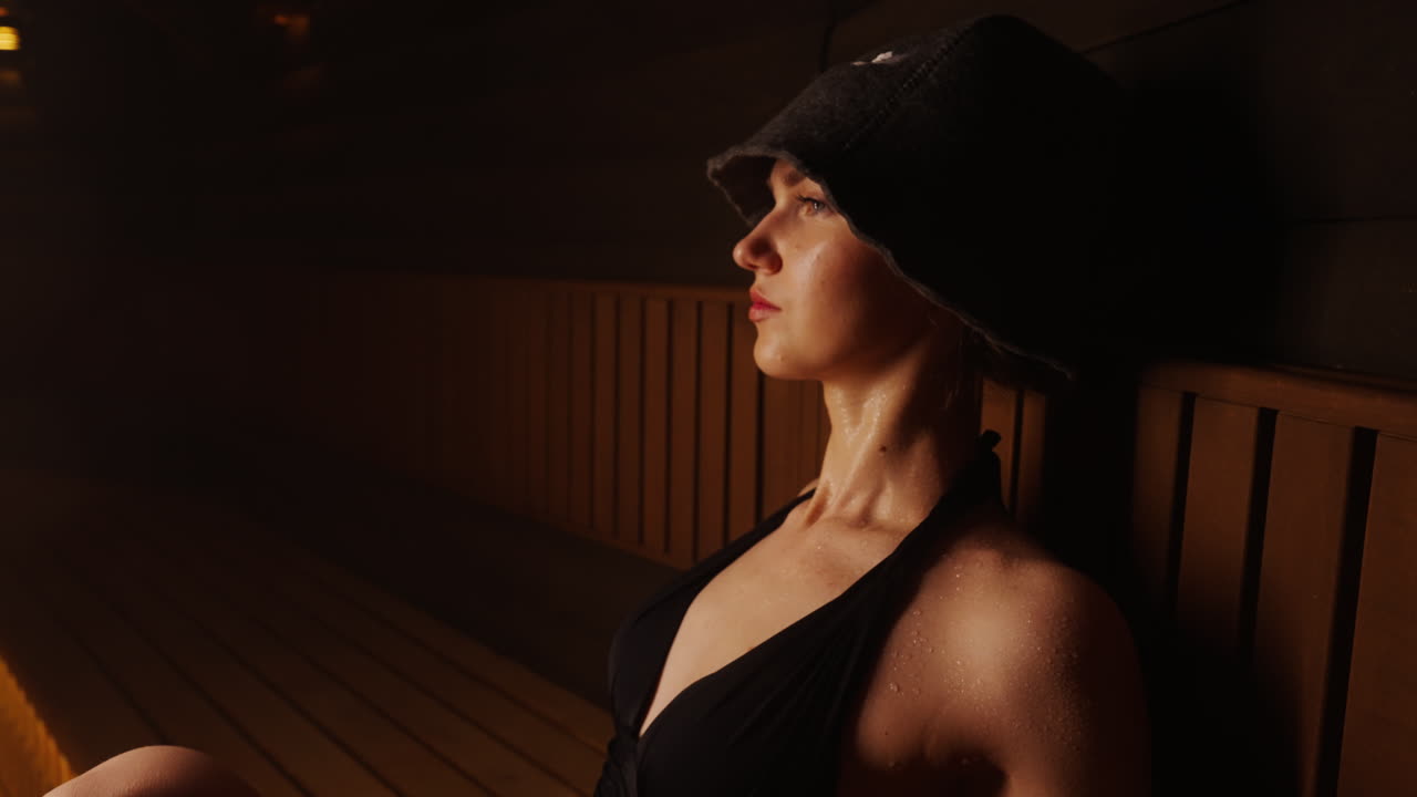 Woman relaxing in a sauna