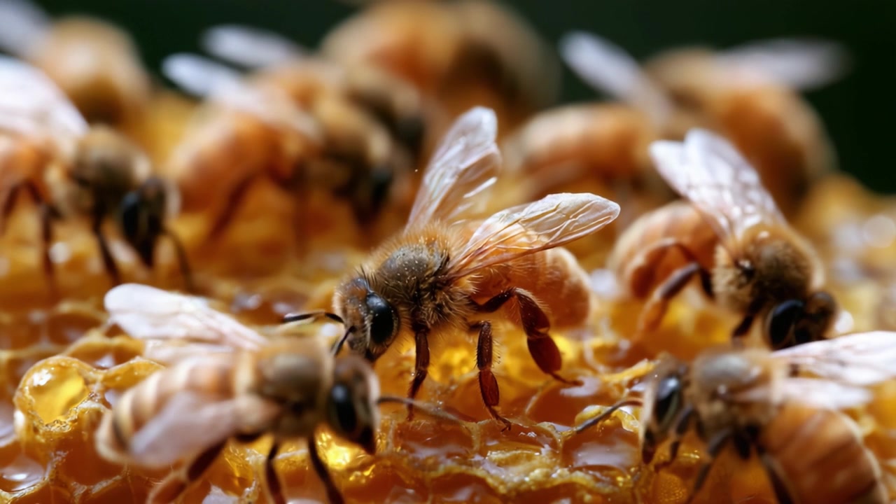 Een close-up perspectief van drukke honingbijen die nectar verzamelen en werken aan hun korf, geïllustreerd met ingewikkelde details van honingraat en bijen in actie