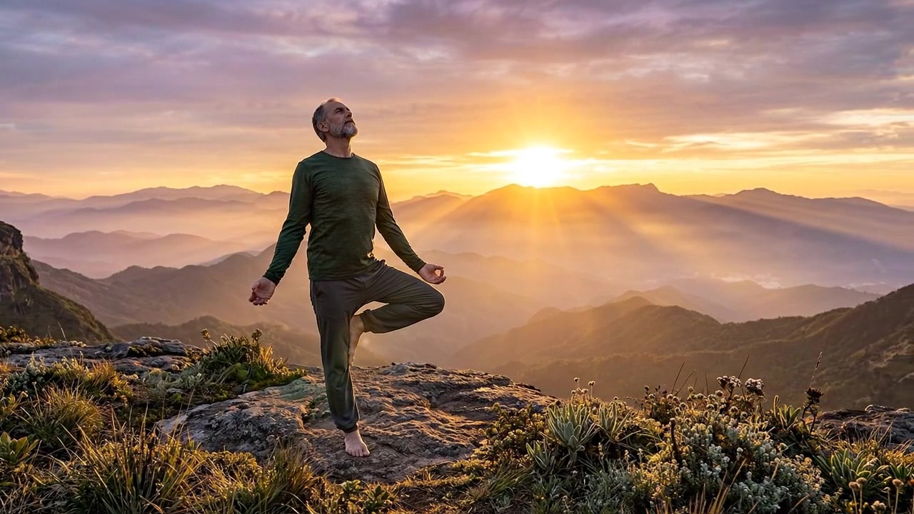 Persona che pratica esercizi di yoga all'aperto all'alba in un paesaggio montano e forestale