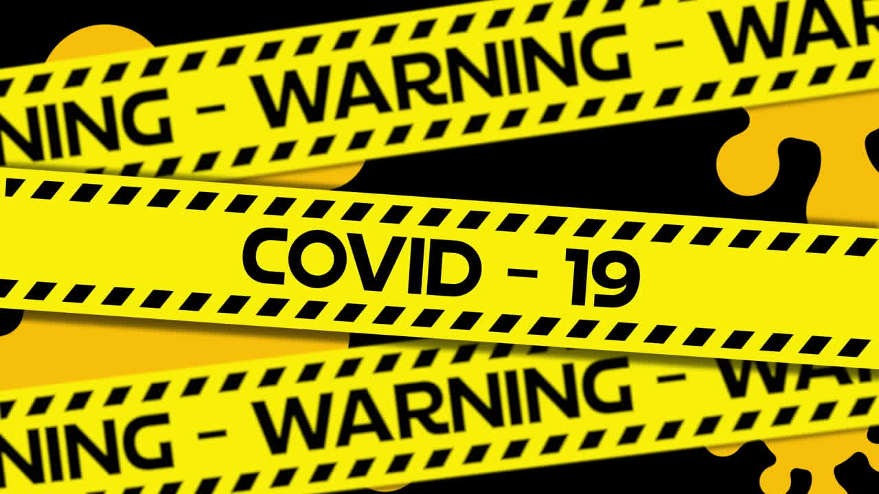Nastri gialli della polizia con le scritte 'Covid-19' e 'Attenzione' su sfondo nero.