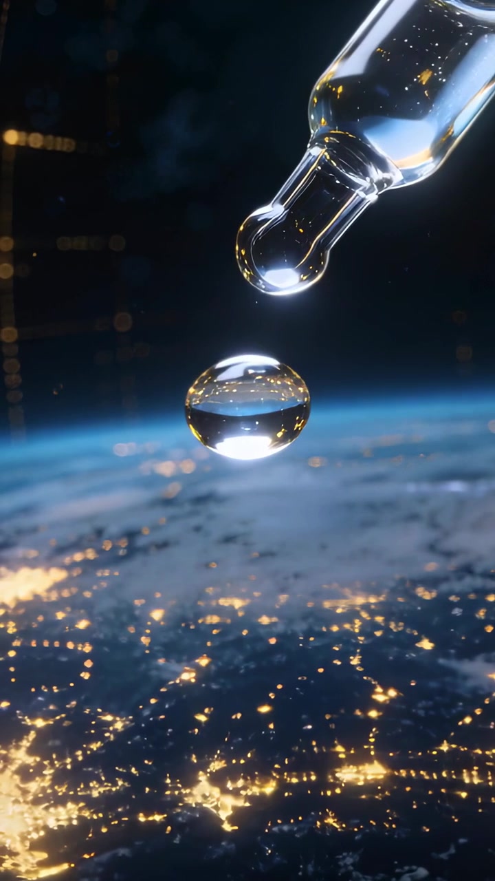 Vidéo verticale : Lâcher une pipette envoyant une goutte transparente au-dessus de la Terre nocturne, montrant des lumières, espace pour le texte.