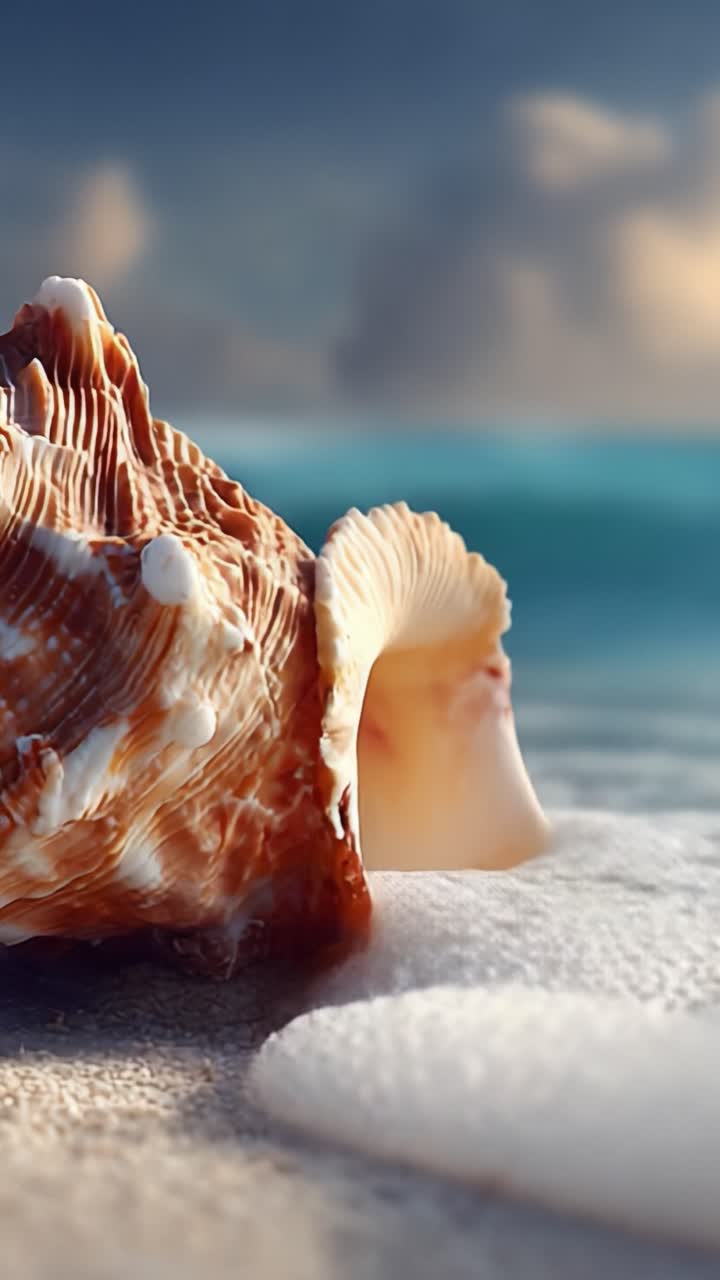 A Stunning Close-Up of a Seashell on the Shoreline with Gentle Waves, Capturing the Beauty of Nature's Marine Treasures in Soft Ocean Light