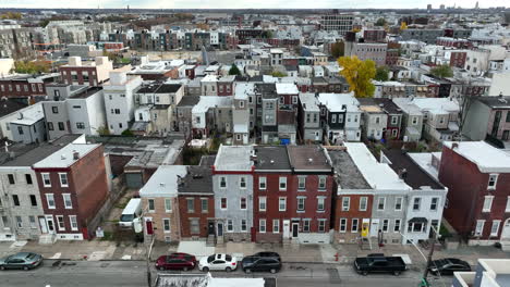 aerial truck shot of poor urban american city housing