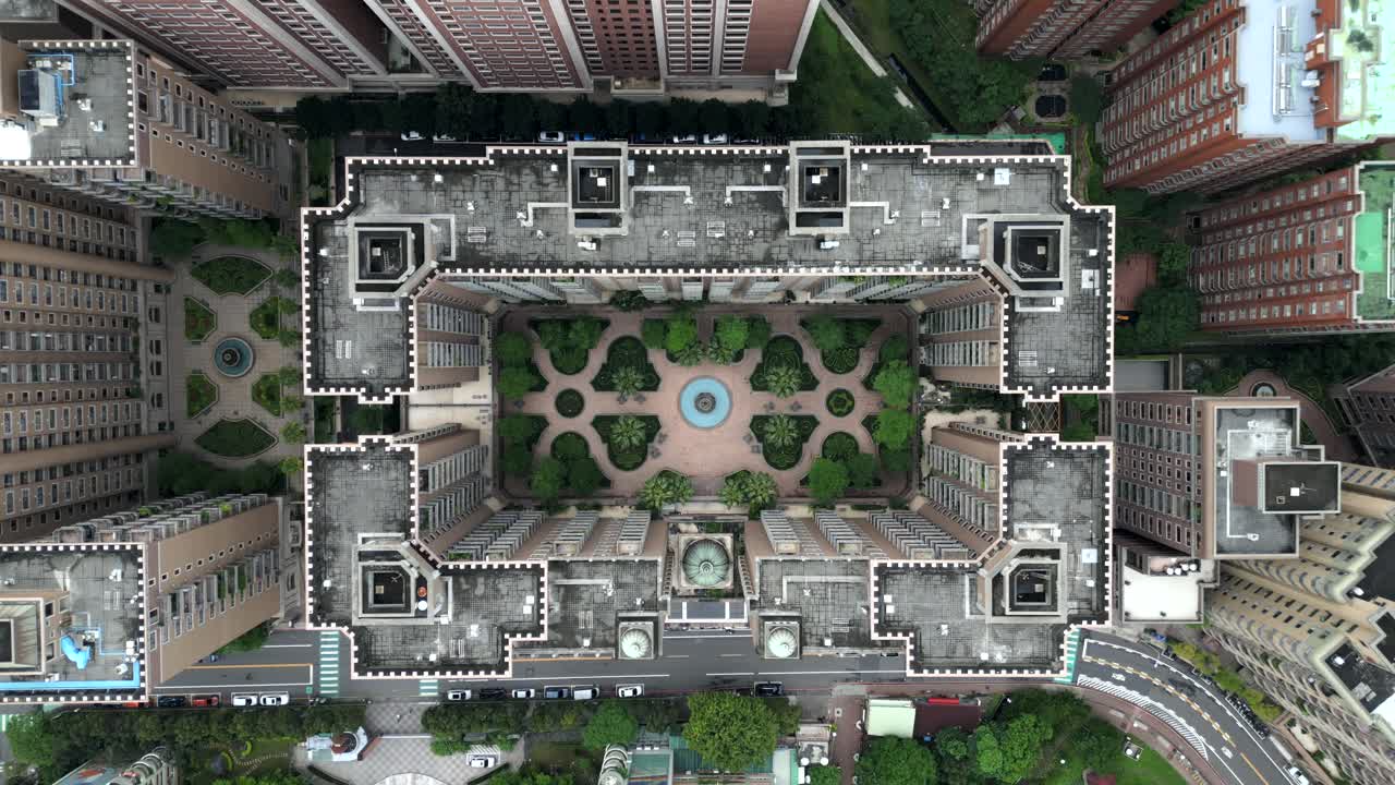 Residential buildings in luzhu district, taoyuan city, taiwan, with green courtyard, aerial view