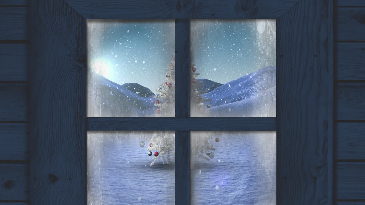Wooden window frame against snow falling over christmas tree on winter landscape